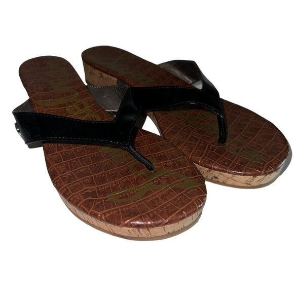 Sam Edelman Tanya Black Faux Patent Leather Thong Cork Wedge Sandals Size 8 - Picture 1 of 9